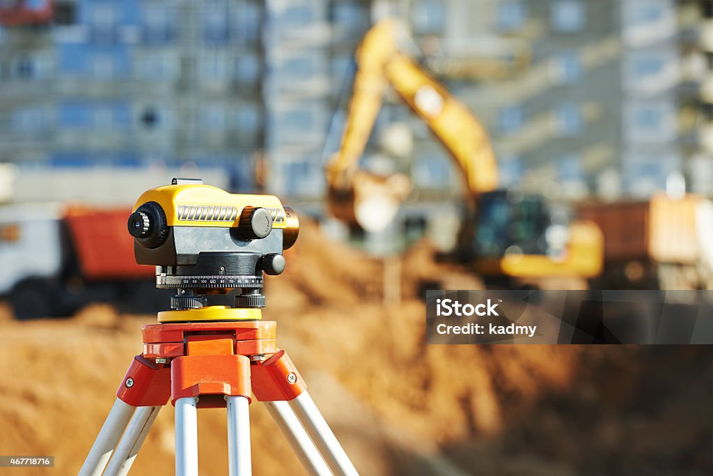 Surveyor equipment tacheometer or theodolite outdoors at construction site